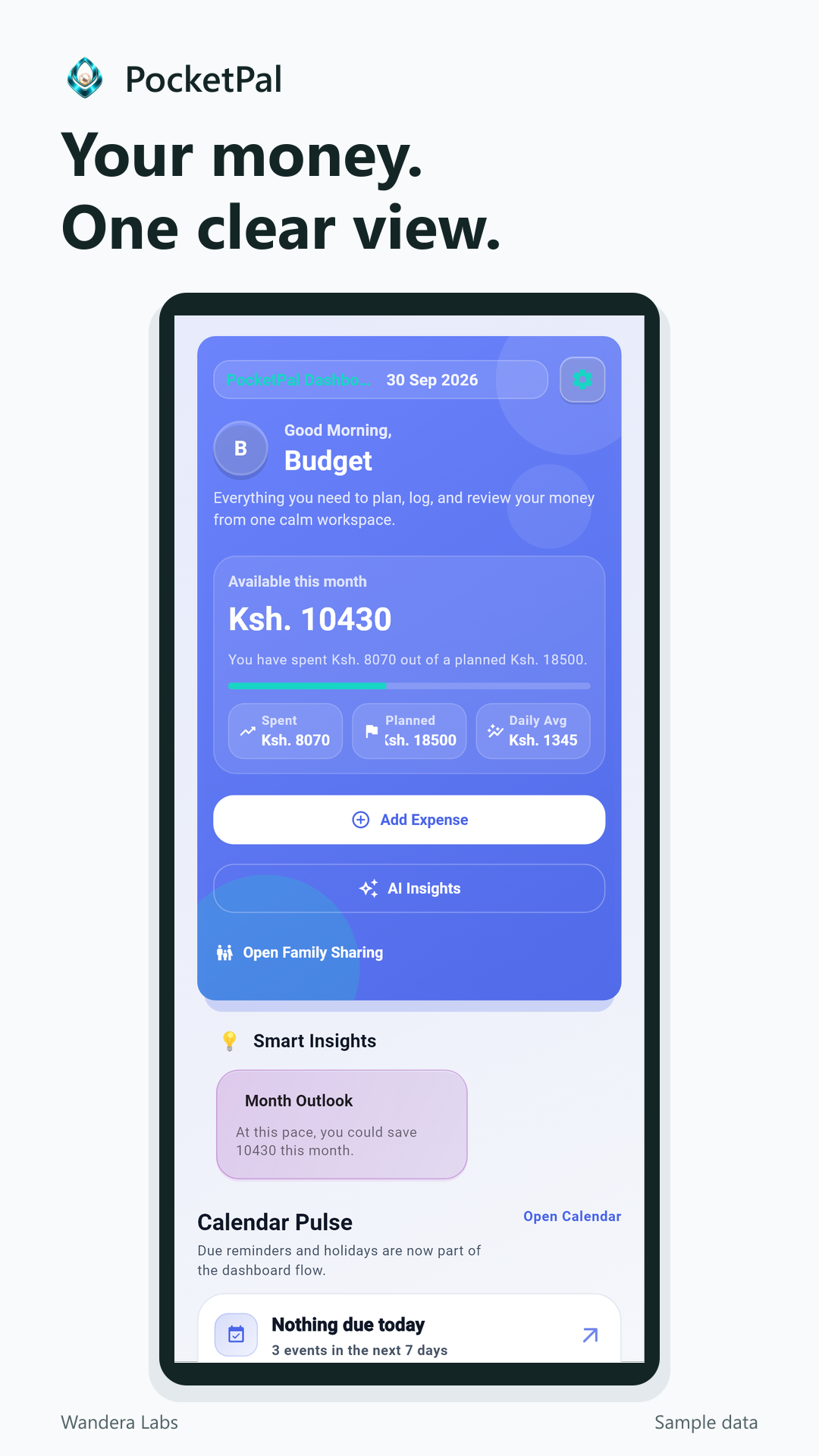 Your money. One clear view. PocketPal dashboard with a sample monthly budget